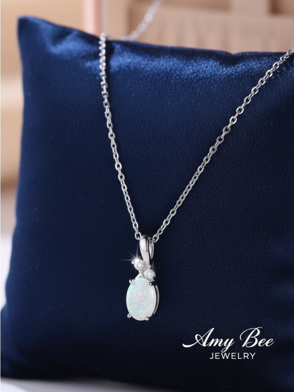 White Gold Plated Fire Opal Pendant Necklace with CZ Accents. New.